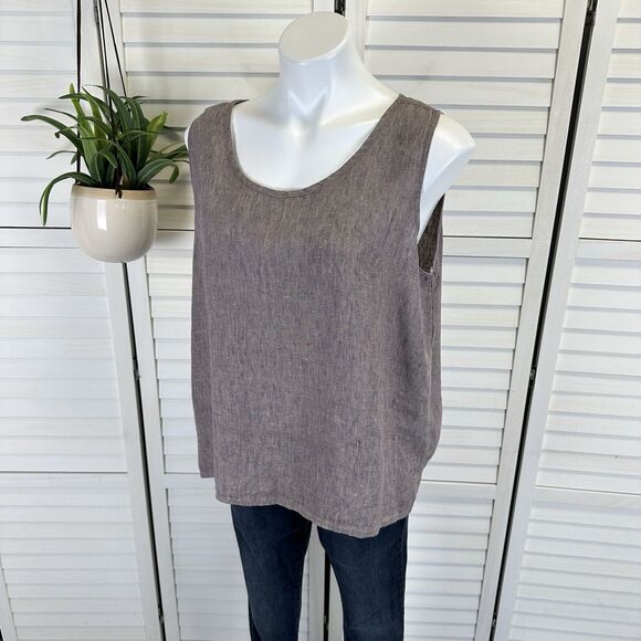 Flax Tops - FLAX Linen Tank Top Purple-Tan Scoop Neck Sleeveless Blouse Size M Lagenlook
